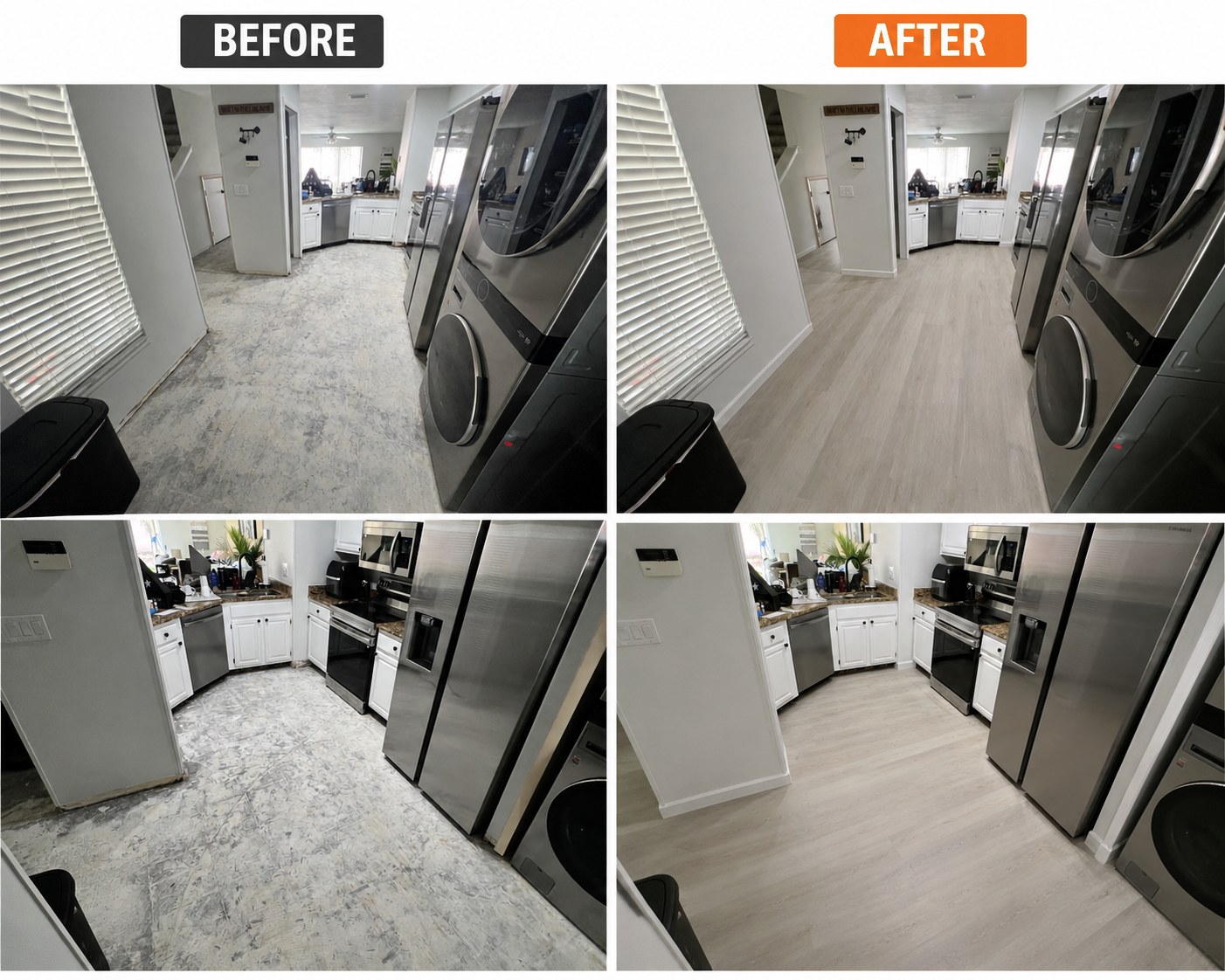 Before and after of a vinyl plank floor installation in a kitchen and laundry area
